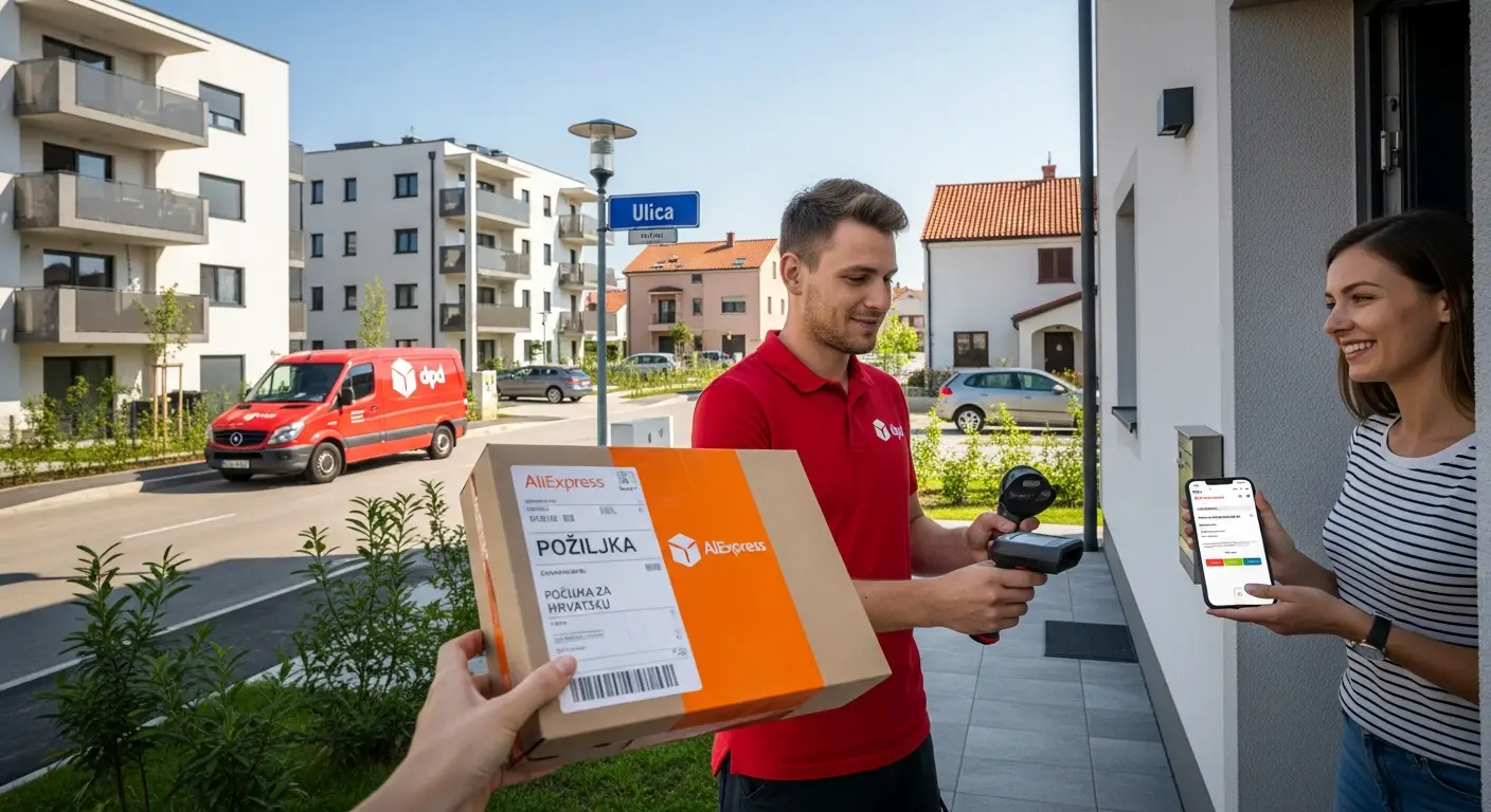 Dostavljač u uniformi drži paket s oznakom AliExpress ispred kućnih vrata u Hrvatskoj, dok je u pozadini prepoznatljivo hrvatsko selo.