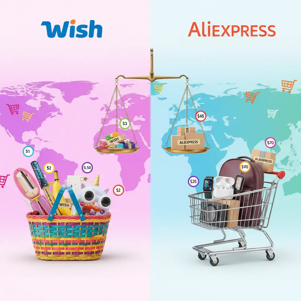 Dva pametna telefona s aplikacijama Wish i AliExpress prikazane na ekranima, dok ih drže dvije osobe koje uspoređuju cijene proizvoda.