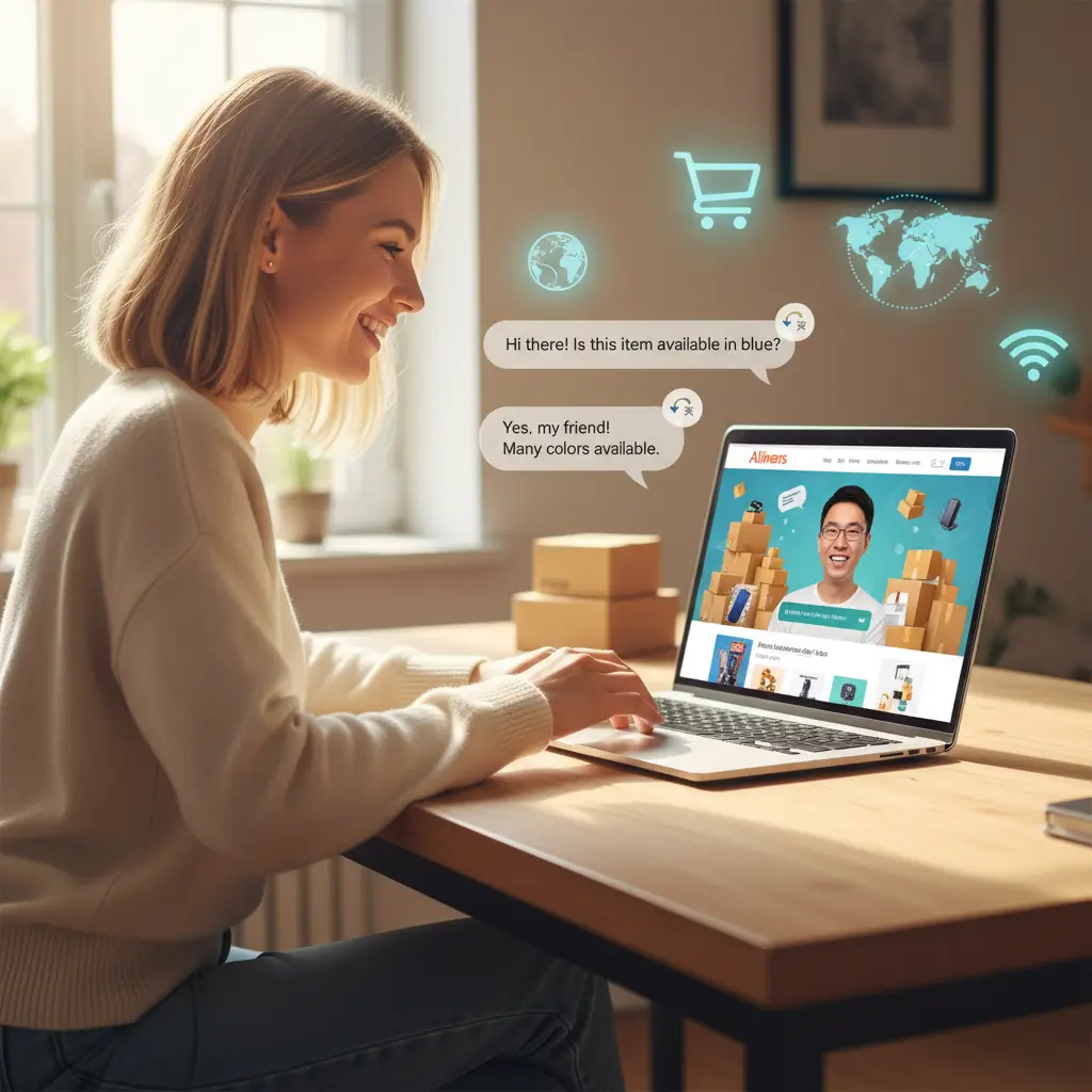 Dvoje ljudi razmjenjuju poruke na mobitelima, dok se u pozadini vidi logo AliExpressa.
(Translation: Two people exchange messages on their phones, with the AliExpress logo in the background.)