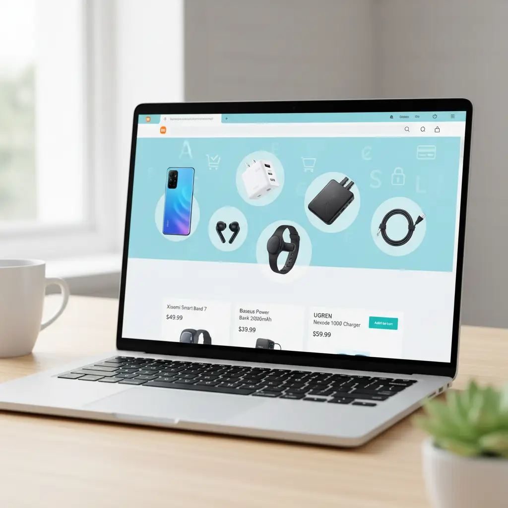 Fotografija prikazuje izlog trgovine s originalnim Xiaomi, Baseus i UGREEN proizvodima, uredno izloženim na policama i označenim brendiranim plakatima. Kupci razgledavaju moderne gadgete i dodatke uz svijetlu, privlačnu atmosferu prodavaonice.