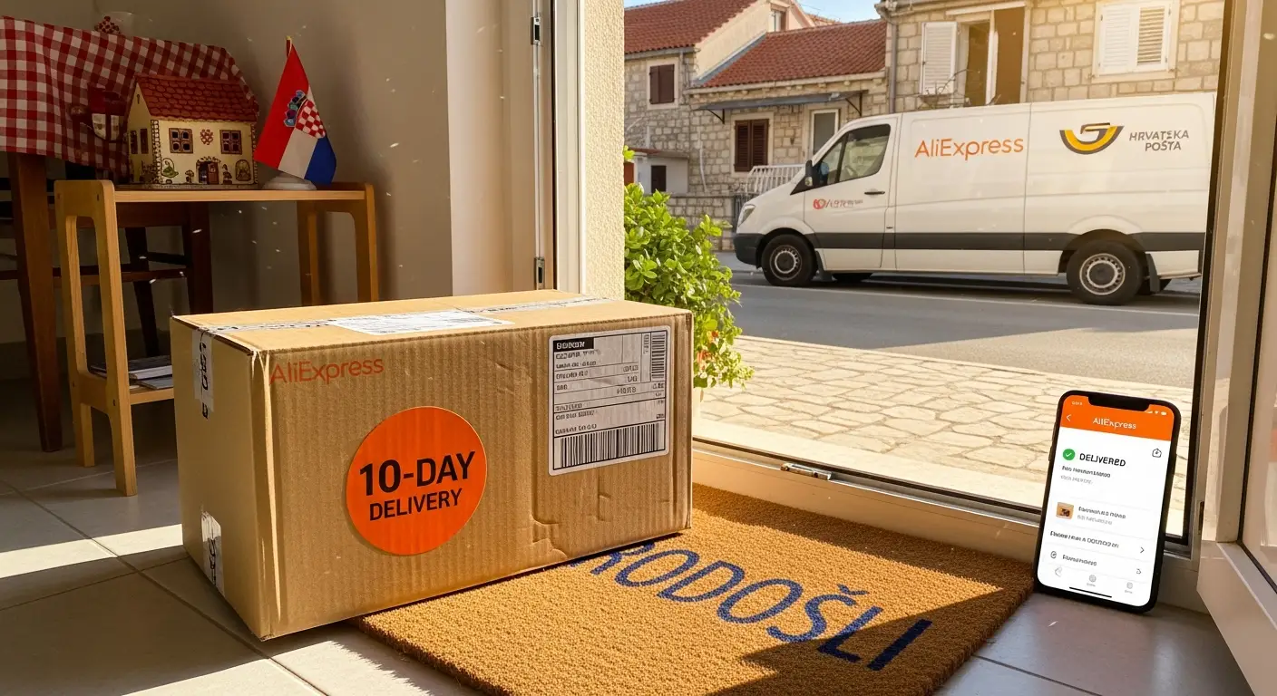 Fotografija prikazuje poštara kako drži paket ispred ulaznih vrata, dok iza njega stoji kombi s natpisom