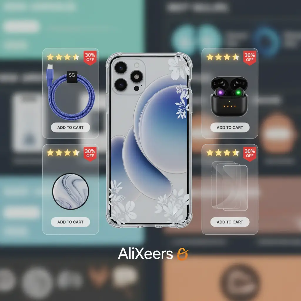 Fotografija uključuje različite dodatke za mobitele, poput maskica, punjača i slušalica, uredno izloženih ispred monitora s otvorenom stranicom AliExpressa. Na ekranu se prikazuje popis najpopularnijih trgovina za dodatke za telefone.