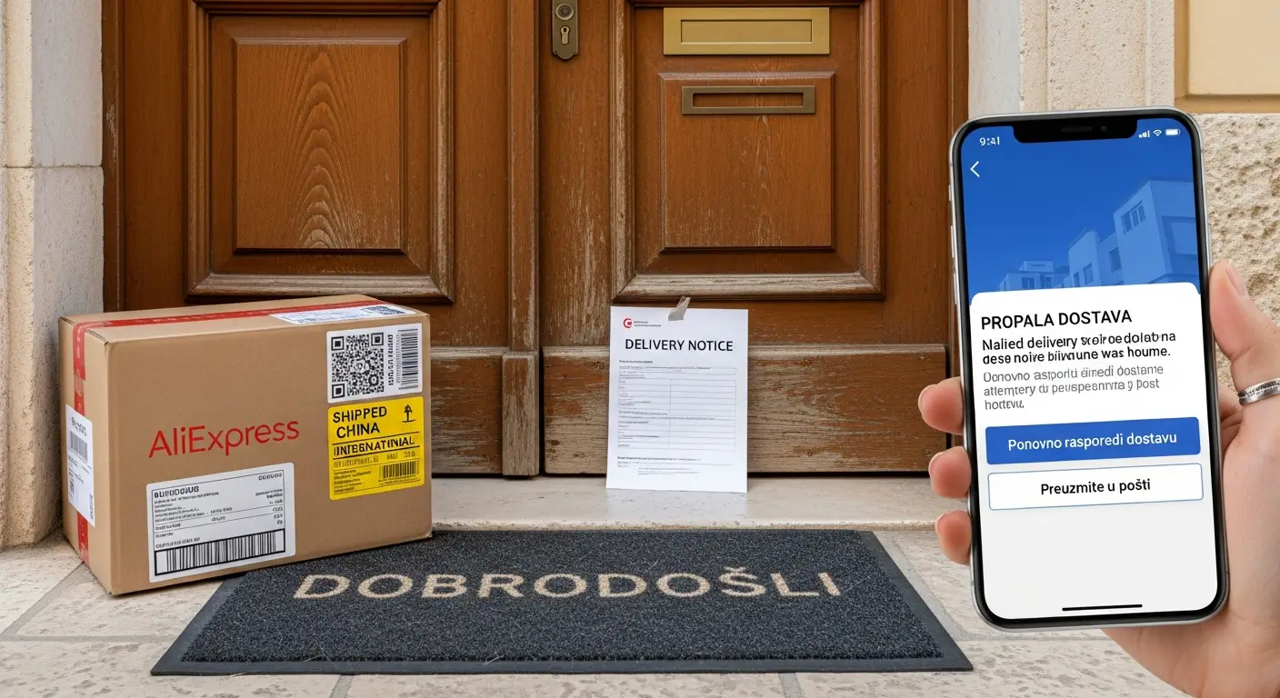 Ilustracija kurira koji stoji ispred zatvorenih vrata s paketom u ruci dok na poštanskom sandučiću piše 