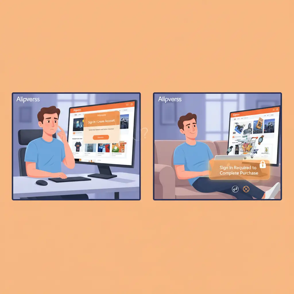 Ilustracija osobe koja pregledava proizvode na AliExpressu preko laptopa, s upitnikom iznad glave, sugerirajući pitanje o kupovini bez računa.