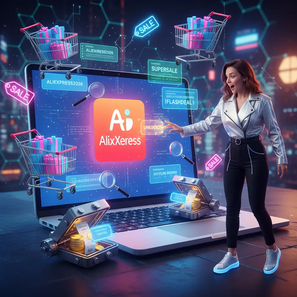 Ilustracija osobe s povećalom koja istražuje laptop, dok na ekranu bljeskaju simboli popusta i skriveni kodovi na AliExpressu.