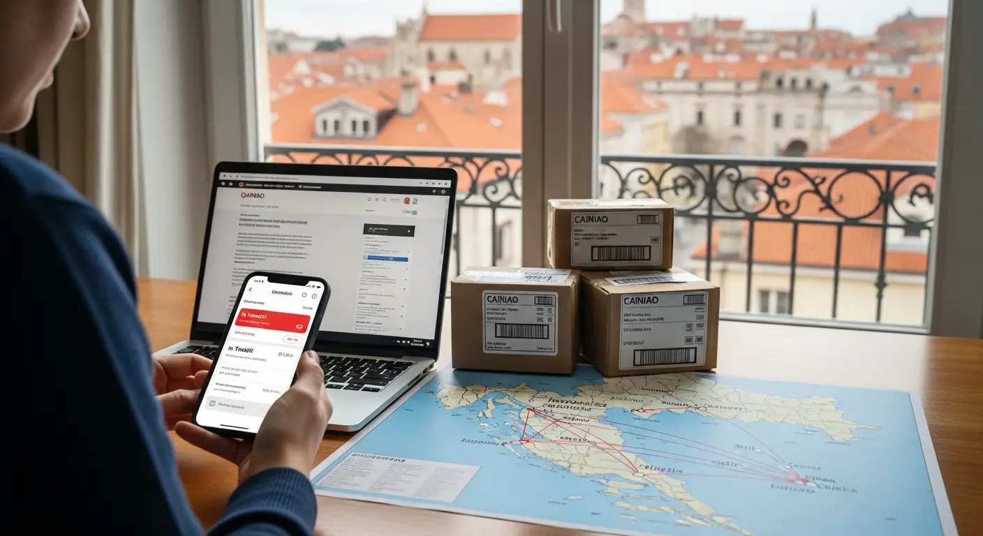 Ilustracija paketa s oznakom Cainiao na putu prema Hrvatskoj, s kartom koja prikazuje trasu isporuke iz Kine do Europe.