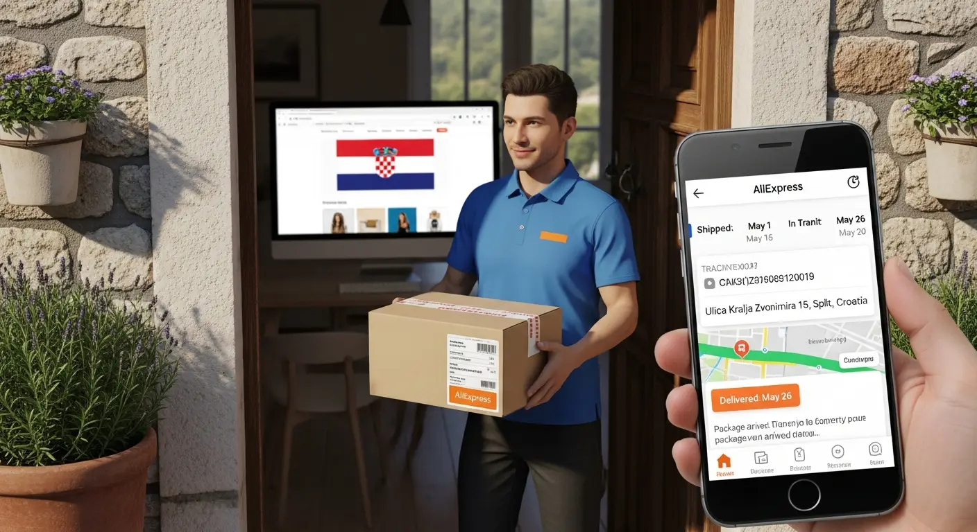 Ilustracija poštanskog sandučića ispred hrvatske kuće dok kurir u žutoj jakni dostavlja paket s oznakom AliExpress.