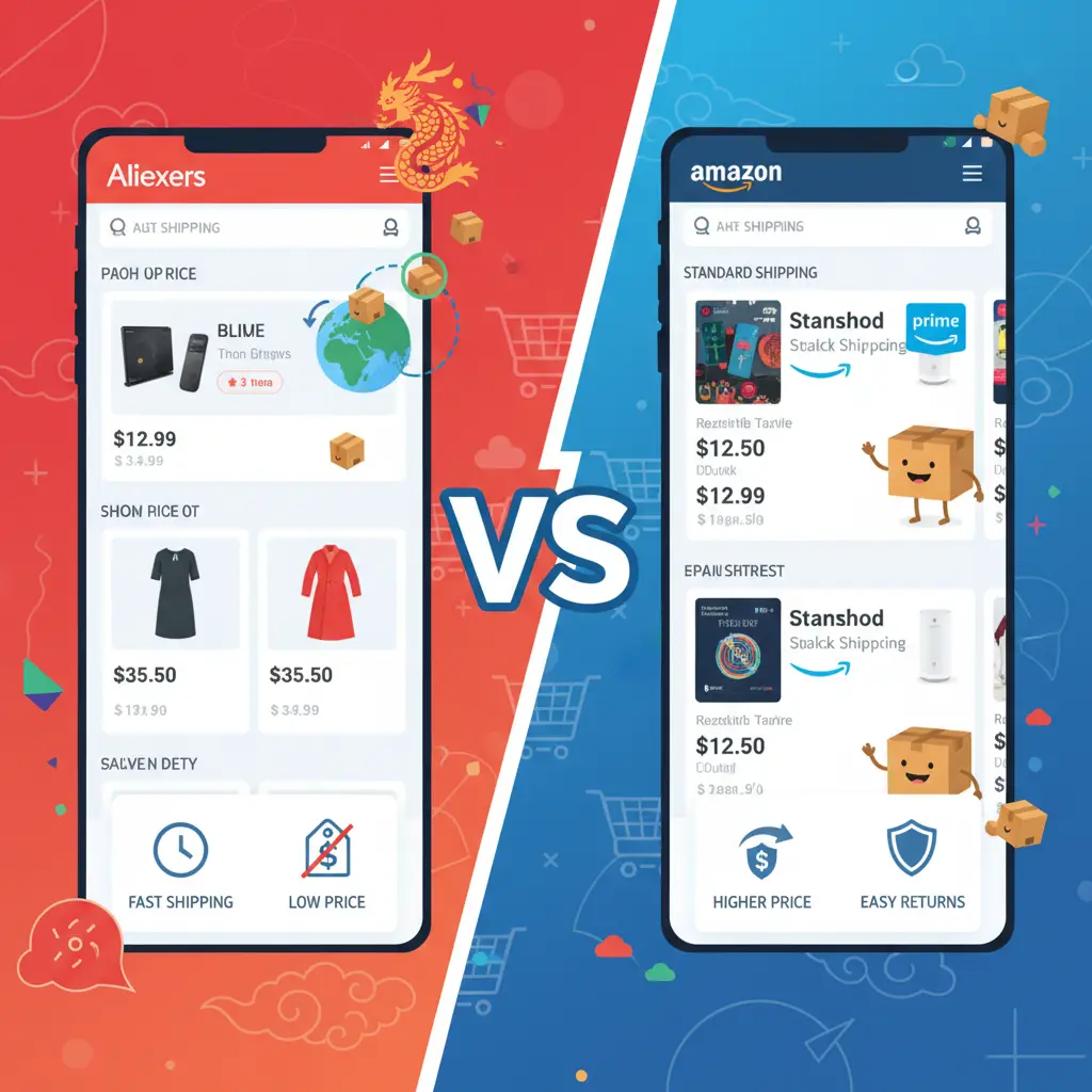 Ilustracija prikazuje dva nasmiješena lika kako drže pakete s logotipima AliExpressa i Amazona, dok ih vaga uspoređuje prema cijeni, brzini dostave i mogućnostima povrata.
