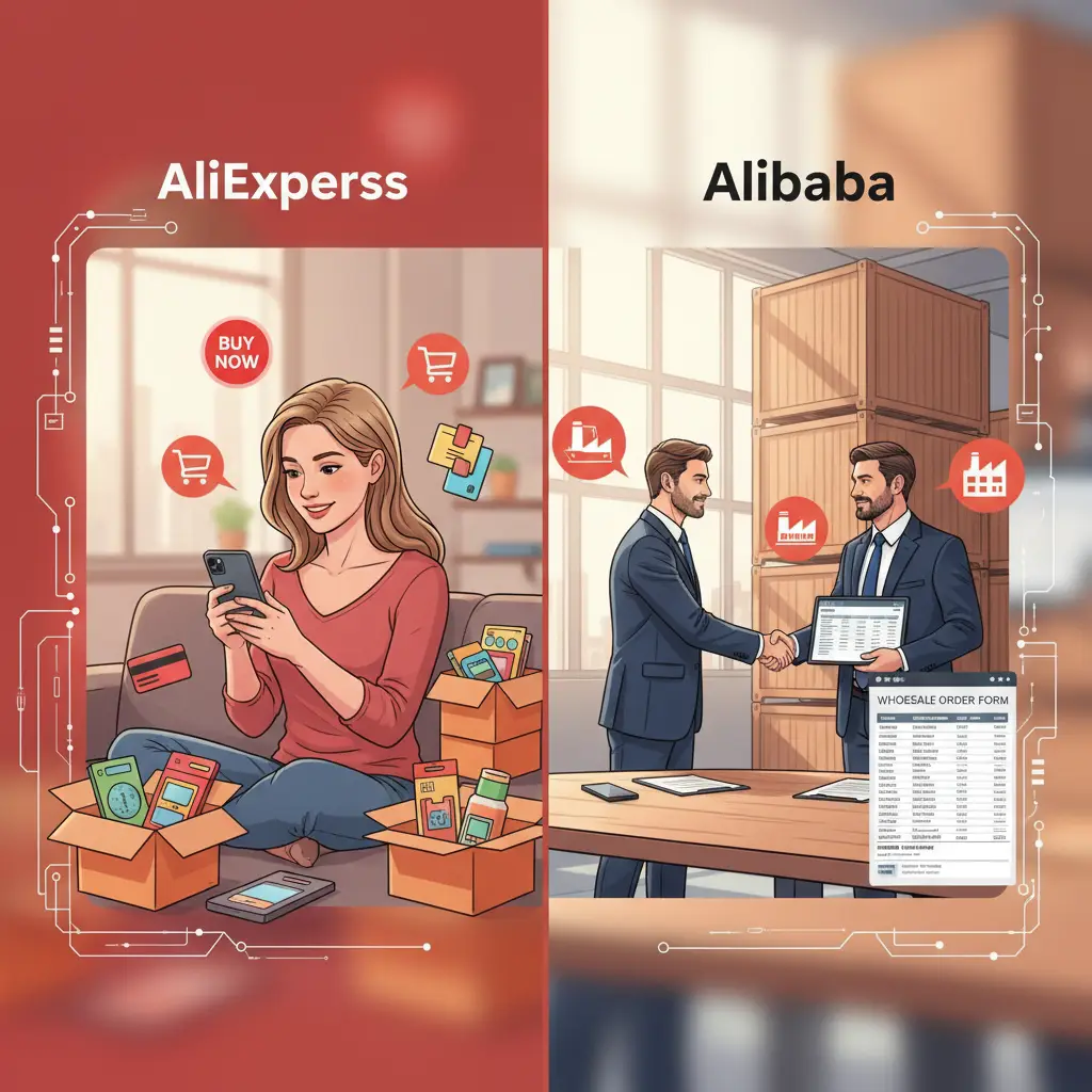 Ilustracija prikazuje dva pametna telefona; na jednom je prikazan logo AliExpressa, a na drugom Alibaba, dok strelice ukazuju na razlike u poslovnim modelima i ciljanim korisnicima.