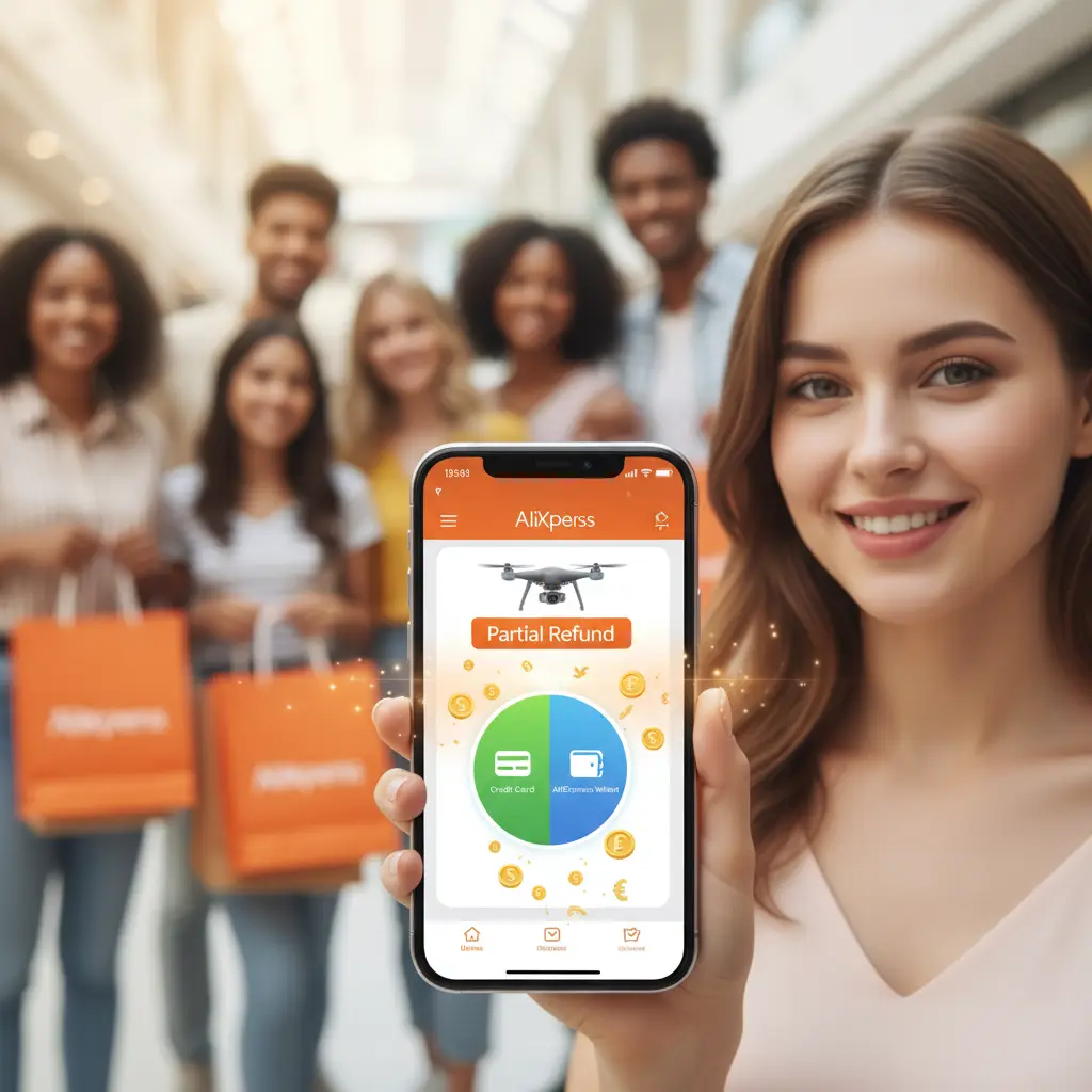 Ilustracija prikazuje korisnika koji putem mobilnog telefona traži djelomični povrat novca za narudžbu na AliExpressu, dok na ekranu stoje opcije za povratak dijela iznosa.