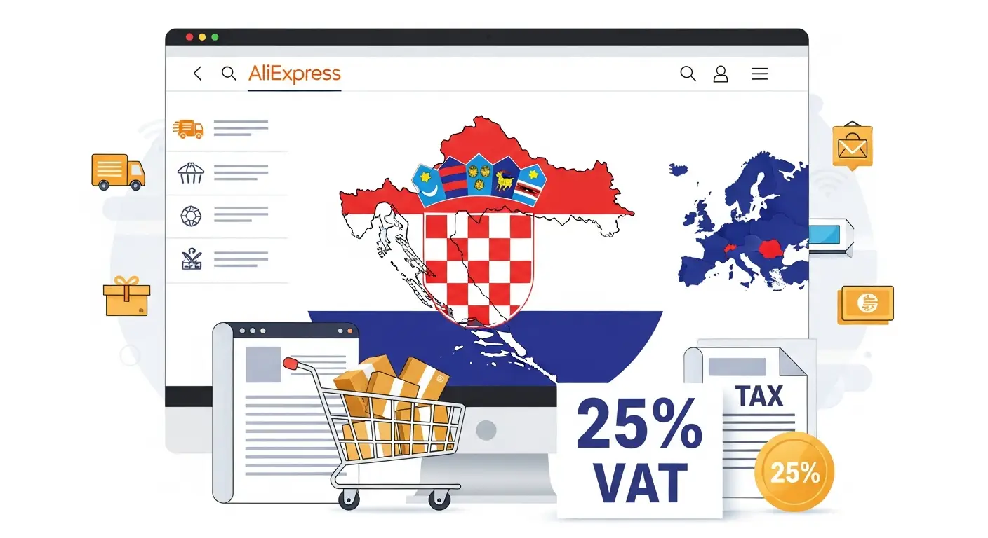 Ilustracija prikazuje košaricu za online kupovinu i hrvatsku zastavu, uz prikaz naplate PDV-a prilikom kupovine na AliExpressu za korisnike iz Hrvatske.