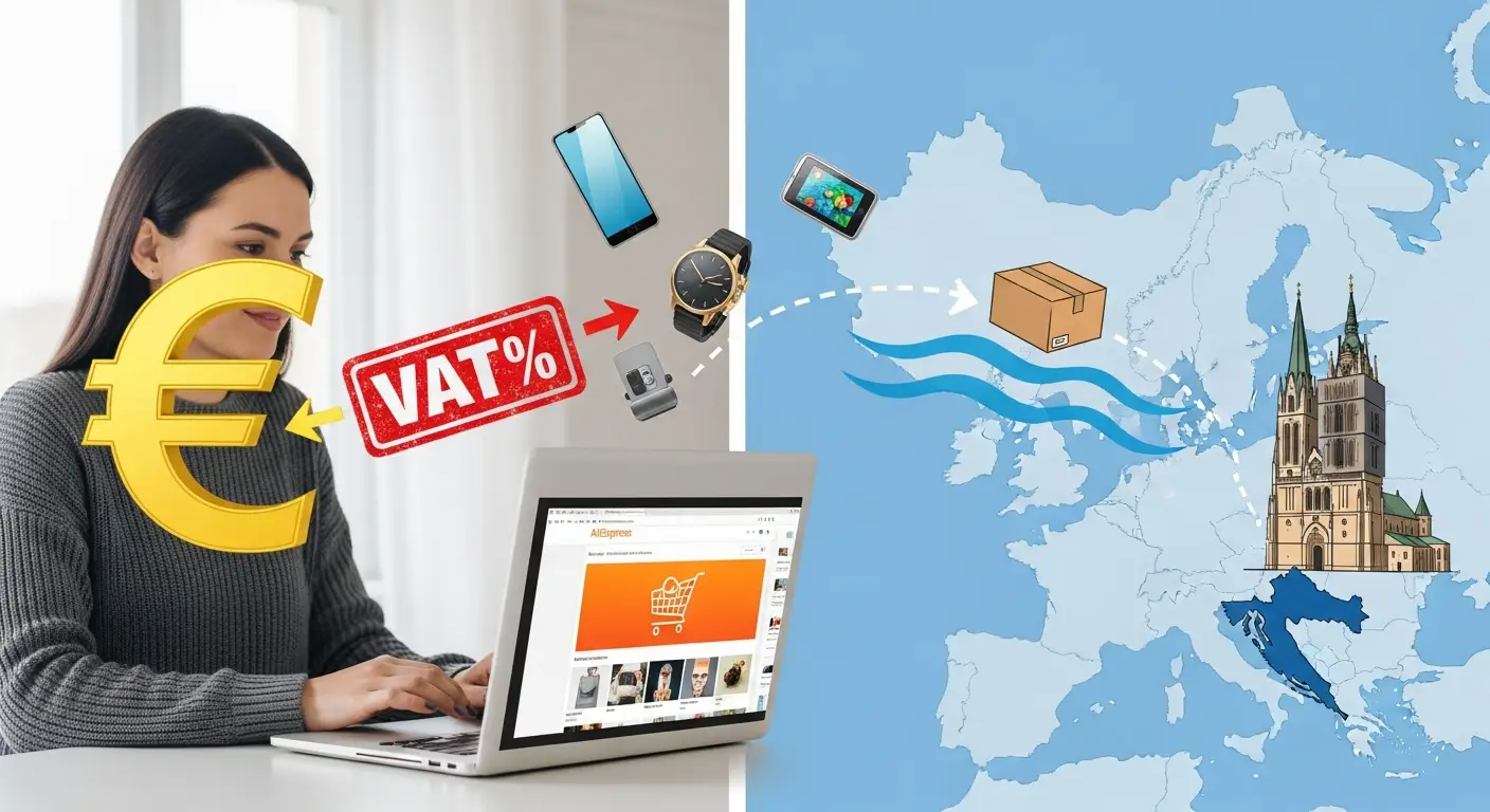 Ilustracija prikazuje kupca iz Hrvatske koji putem interneta naručuje proizvode s AliExpressa, uz istaknutu poruku o plaćanju PDV-a pri uvozu.