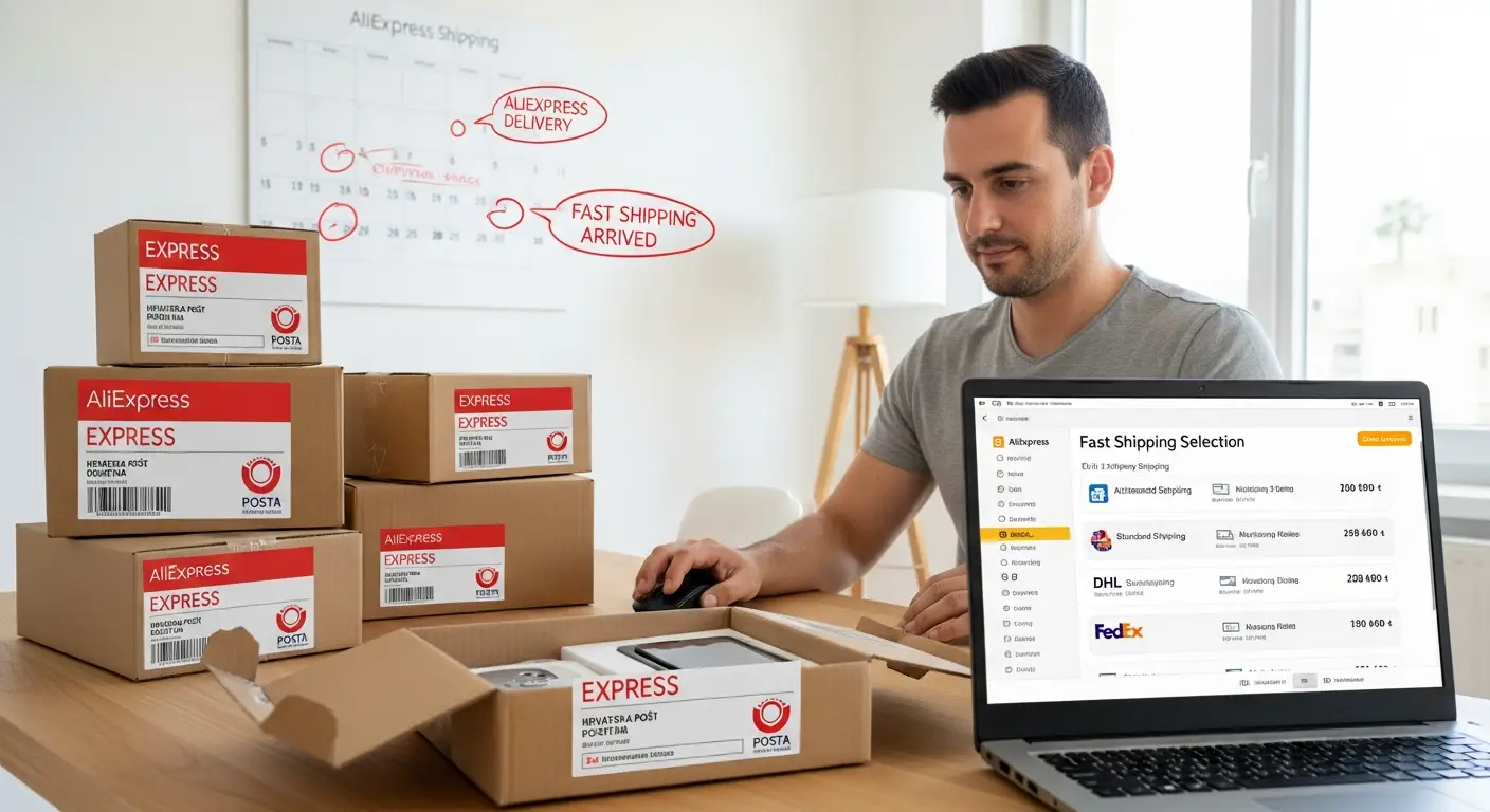 Ilustracija prikazuje kurira s paketom i avionom u pozadini, simbolizirajući najbrže metode dostave s AliExpressa do Hrvatske.