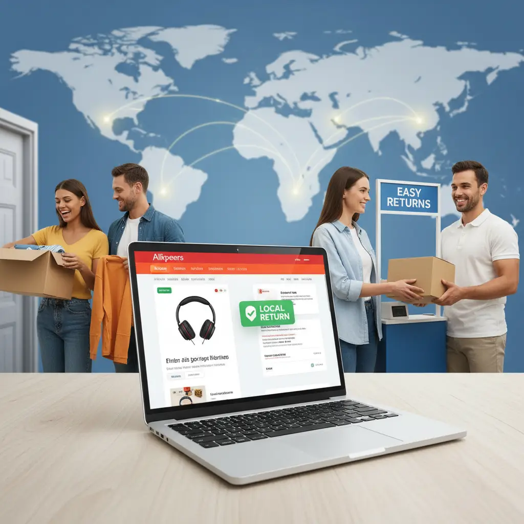 Ilustracija prikazuje laptop otvoren na stranici AliExpress, uz košaricu i kutiju za povrat pored njega, simbolizirajući mogućnost lokalnog povrata proizvoda.