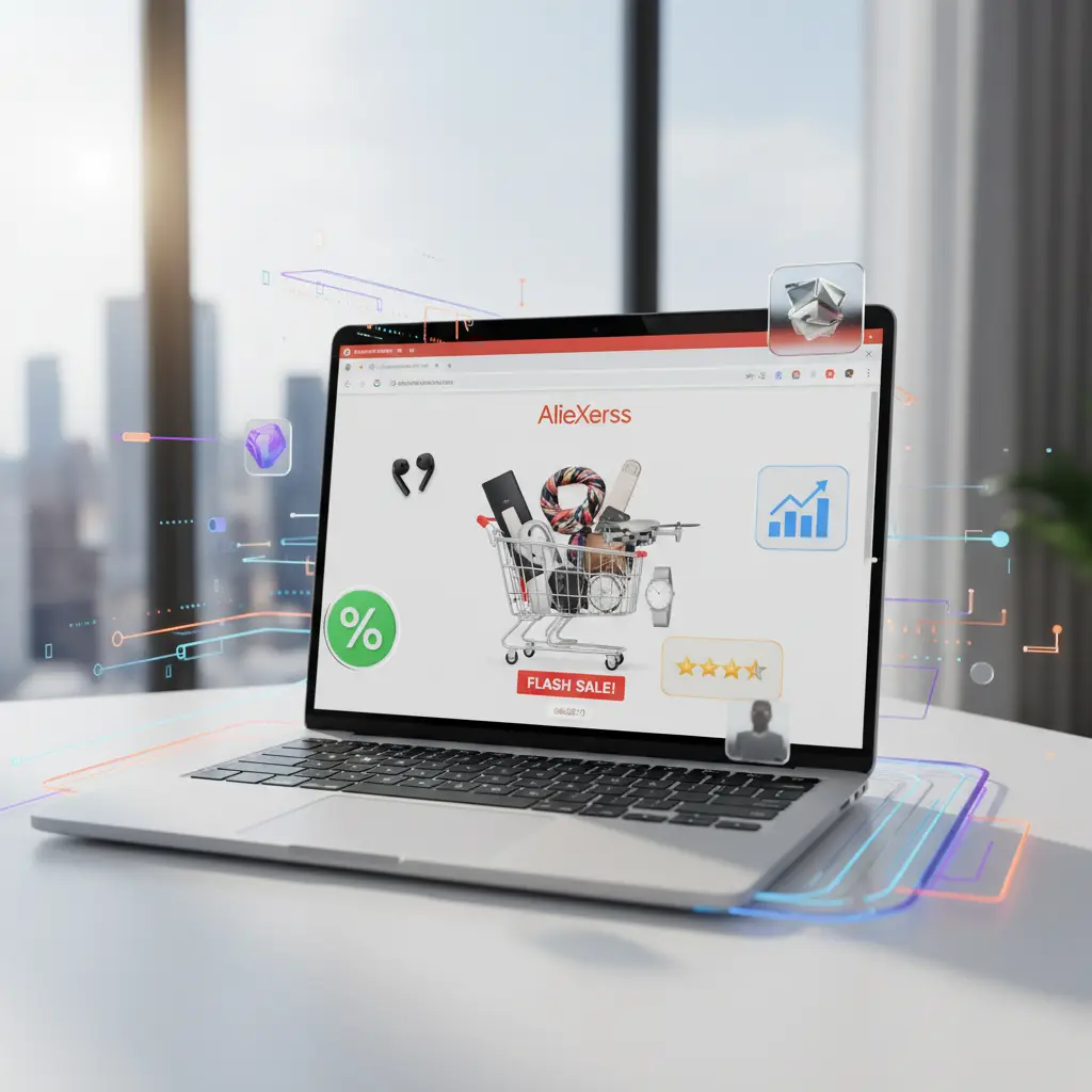 Ilustracija prikazuje laptop s otvorenim preglednikom Chrome na kojem su prikazane popularne ekstenzije za lakšu i sigurniju kupovinu na AliExpressu, okružen shopping ikonicama i šarenim gumbima za instalaciju.