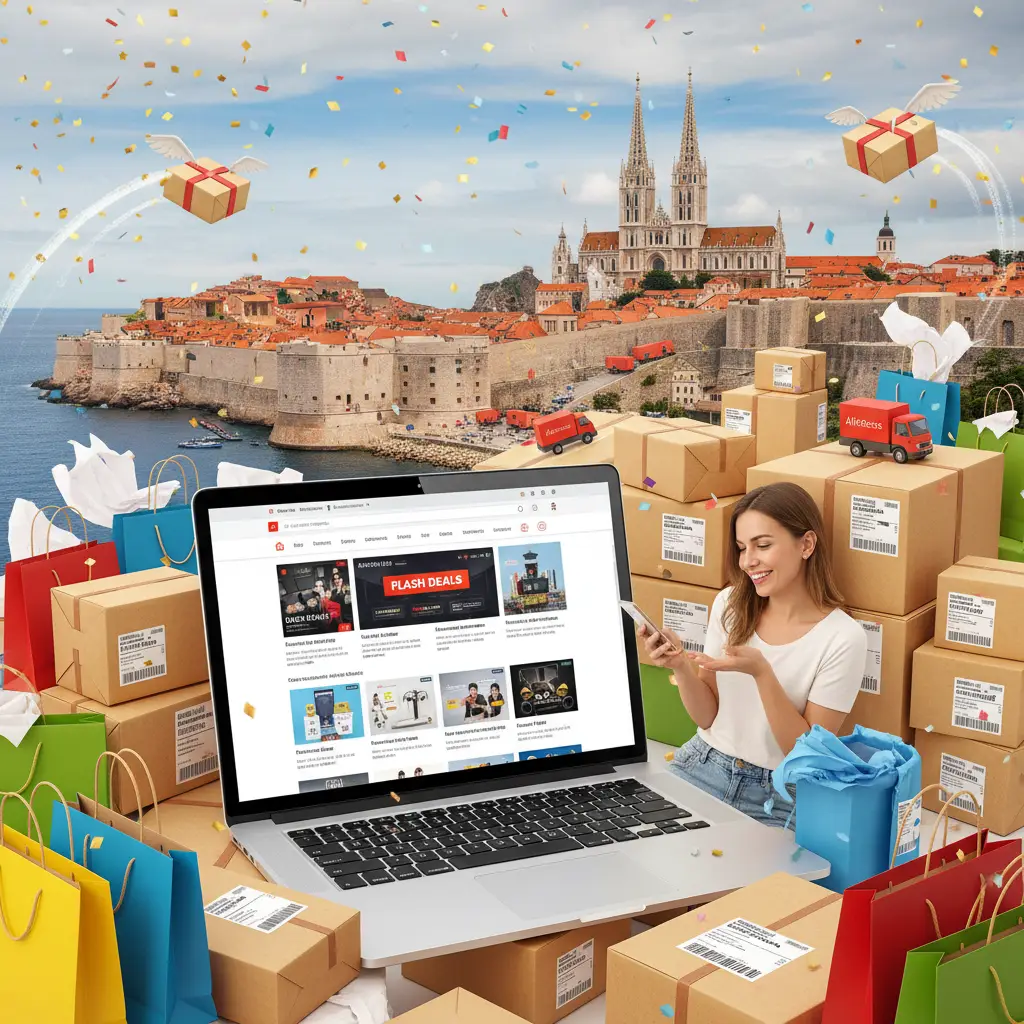 Ilustracija prikazuje laptop s otvorenom stranicom AliExpressa i hrvatskom zastavom u pozadini, simbolizirajući najbolje AliExpress trgovine koje dostavljaju u Hrvatsku.