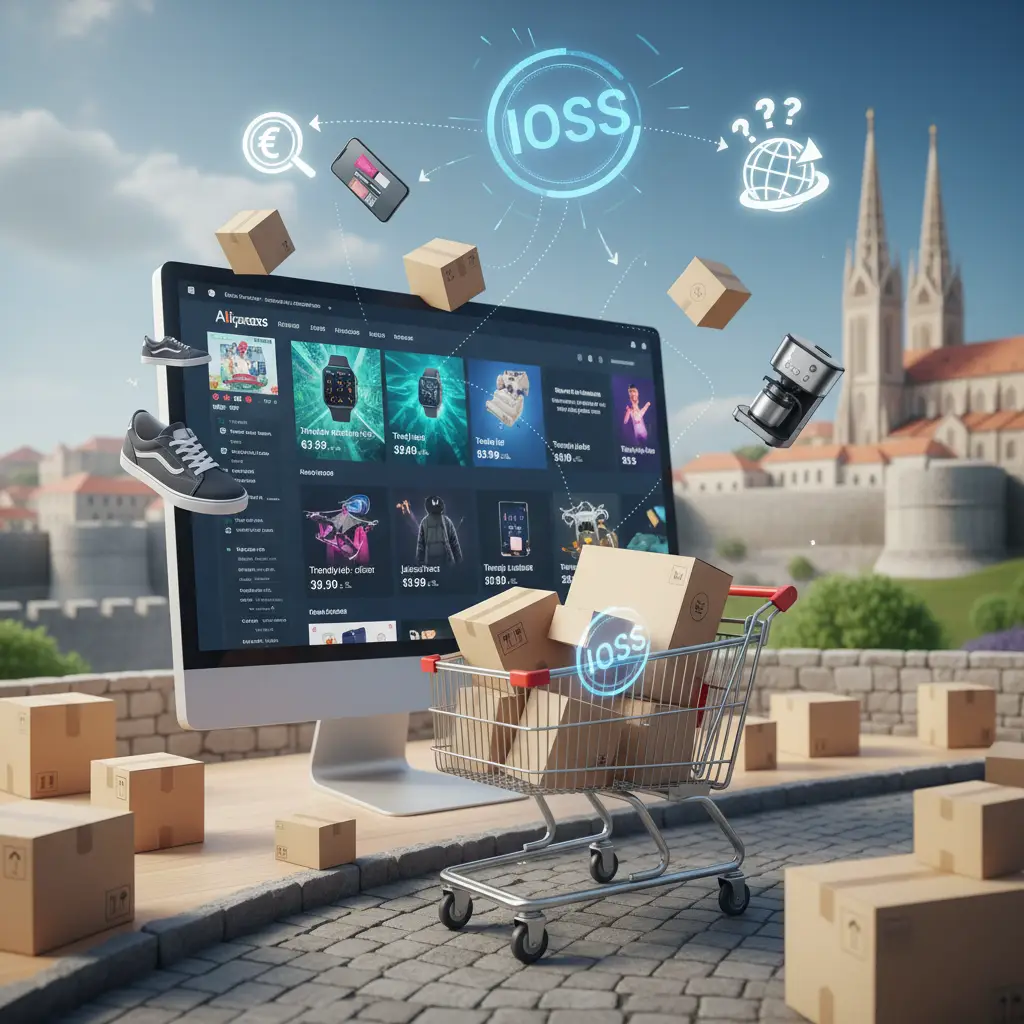 Ilustracija prikazuje online kupovinu na AliExpressu, gdje kupac iz Hrvatske postavlja pitanje koriste li svi prodavači IOSS sustav za narudžbe u Hrvatsku.