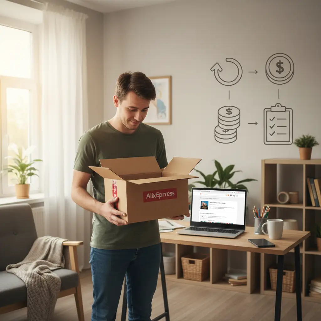 Ilustracija prikazuje osobu koja drži paket ispred računala s prikazom AliExpress stranice za povrat i povrat novca, uz hrvatsku zastavu u pozadini.