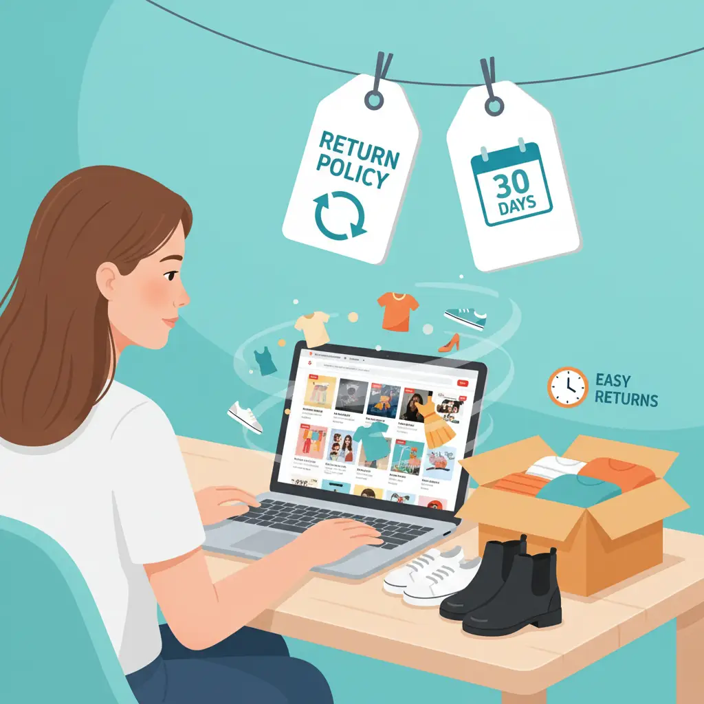 Ilustracija prikazuje osobu koja pregledava povratnu politiku za odjeću i obuću na AliExpressu na svom laptopu, okružena kutijama i vraćenom odjećom.