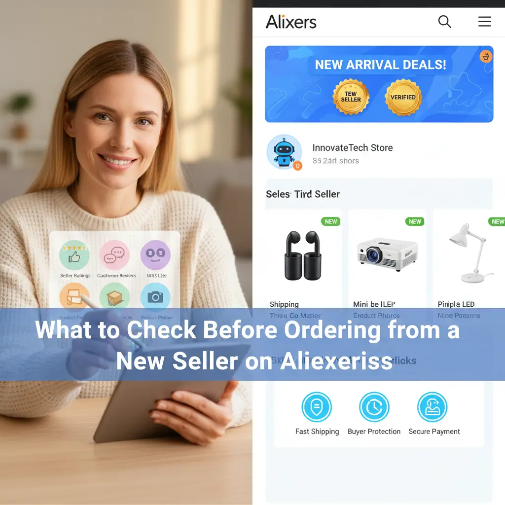 Ilustracija prikazuje osobu koja pregledava recenzije i ocjene prodavača na AliExpressu prije nego što napravi narudžbu. Na ekranu su prikazani zvjezdice, komentari kupaca i ikona košarice.