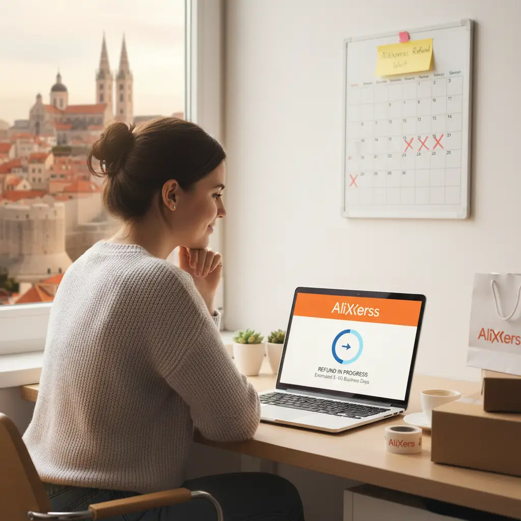 Ilustracija prikazuje osobu koja provjerava status povrata novca na računalu s prikazom stranice AliExpress, dok pored nje stoji sat koji simbolizira čekanje na povrat u Hrvatskoj.