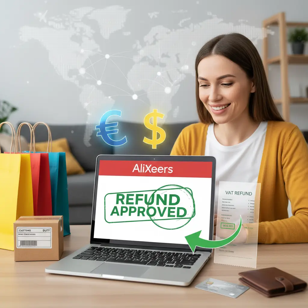 Ilustracija prikazuje osobu koja sjedi za laptopom i ispunjava obrazac za povrat PDV-a ili carine na AliExpressu, uz prikaz paketa i dokumenata na stolu.