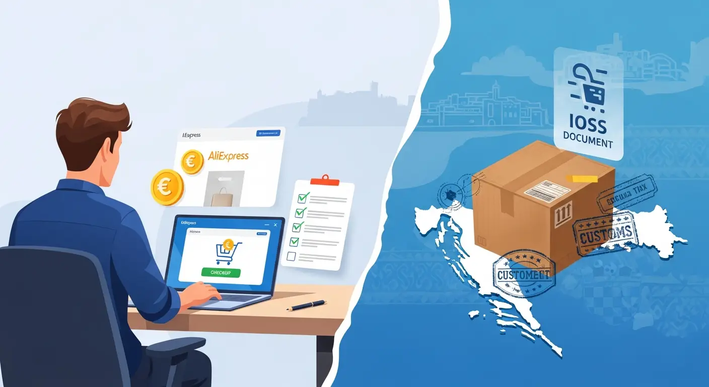 Ilustracija prikazuje paket s AliExpressa na putu prema Hrvatskoj, okružen simbolima poreza i carine, uz natpis 