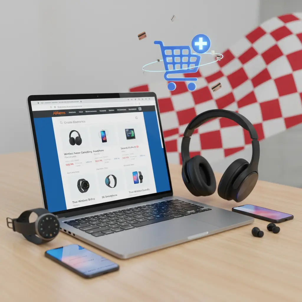 Ilustracija prikazuje pametne uređaje i gadgete s popularnih AliExpress trgovina, raspoređene oko karte Hrvatske na plavoj podlozi.