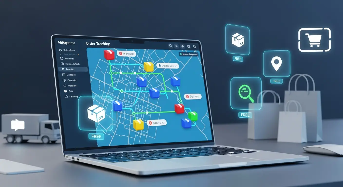 Ilustracija prikazuje pametni telefon na kojem je otvorena aplikacija za praćenje AliExpress narudžbi, okružen ikonicama popularnih besplatnih alata i svjetskim satovima koji simboliziraju globalnu dostavu.