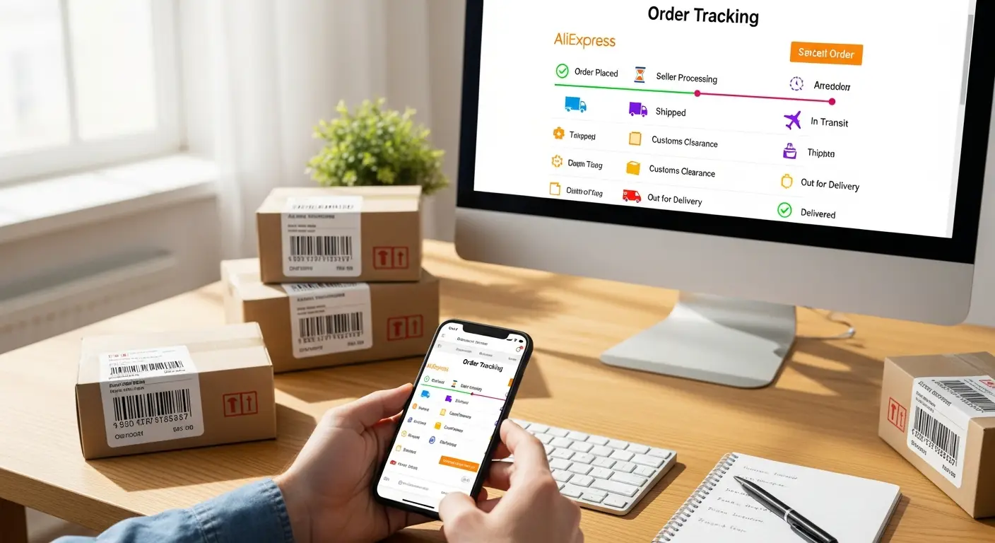 Ilustracija prikazuje popis različitih statusa praćenja paketa na AliExpressu, s ikonama i kratkim opisima za svaki status. Pozadina je svijetla, a elementi su prikazani u bojama za lakšu preglednost.