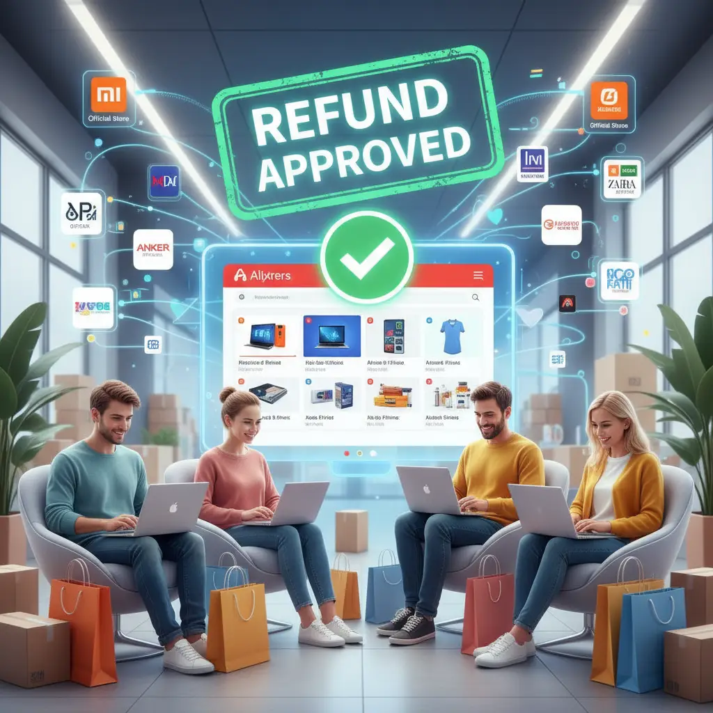 Ilustracija prikazuje sretanog kupca kako prima povrat novca na svom mobitelu, uz logo AliExpressa i oznaku brze podrške za povrat sredstava.