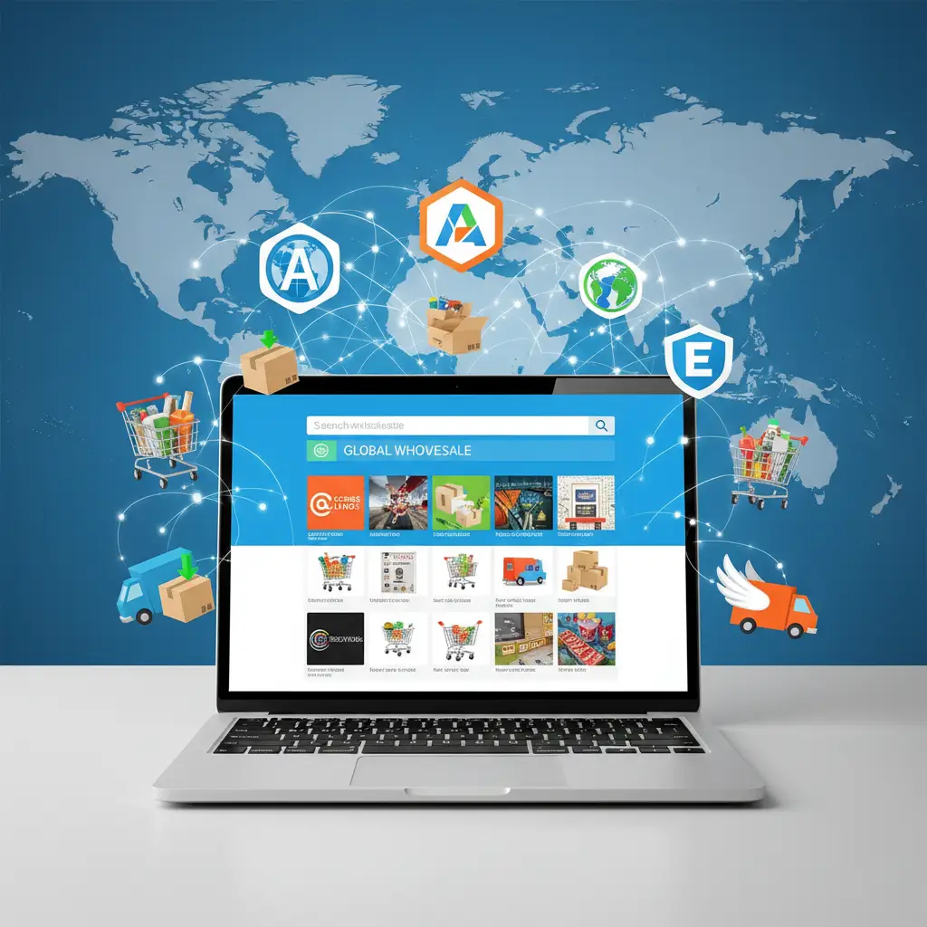 Ilustracija prikazuje trgovca kako pregledava katalog raznih proizvoda na laptopu, okružen kutijama s natpisima poznatih veleprodajnih platformi kao što su Alibaba, DHgate i Banggood.