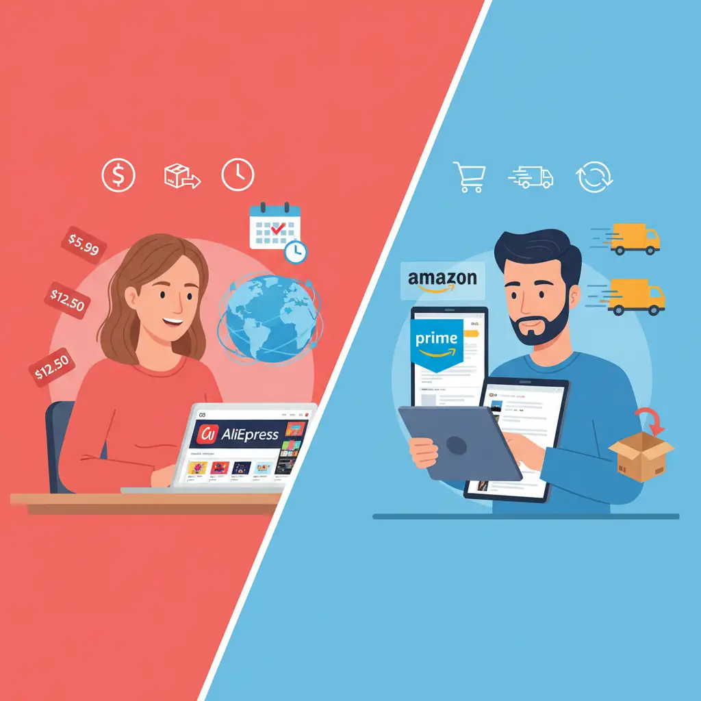 Ilustracija prikazuje usporedbu AliExpressa i Amazona: stilizirane logotipe obje platforme, simbol eura za cijene, kamion za dostavu i strelicu za povrate.