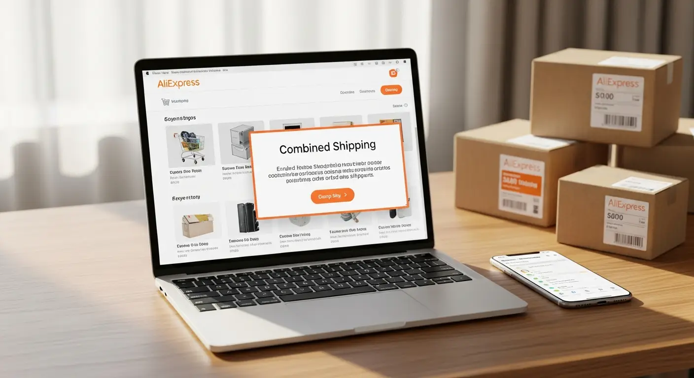 Ilustracija prikazuje više paketa s oznakom AliExpress i jednim kombijem za dostavu, simbolizirajući objedinjenu dostavu više narudžbi u jednoj pošiljci.