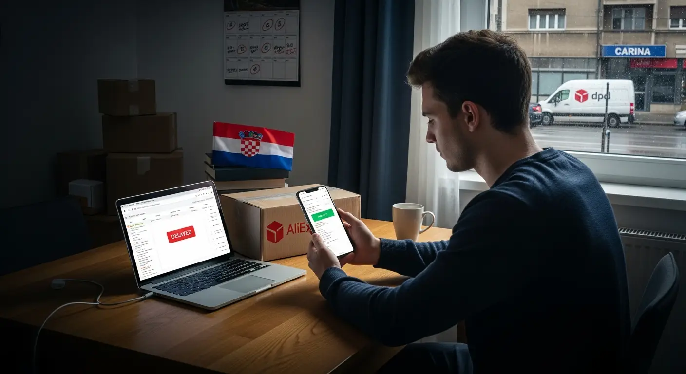 Ilustracija prikazuje zabrinutog kupca koji provjerava status svoje AliExpress narudžbe na mobitelu, dok iza njega stoji poštanski sandučić s natpisom 