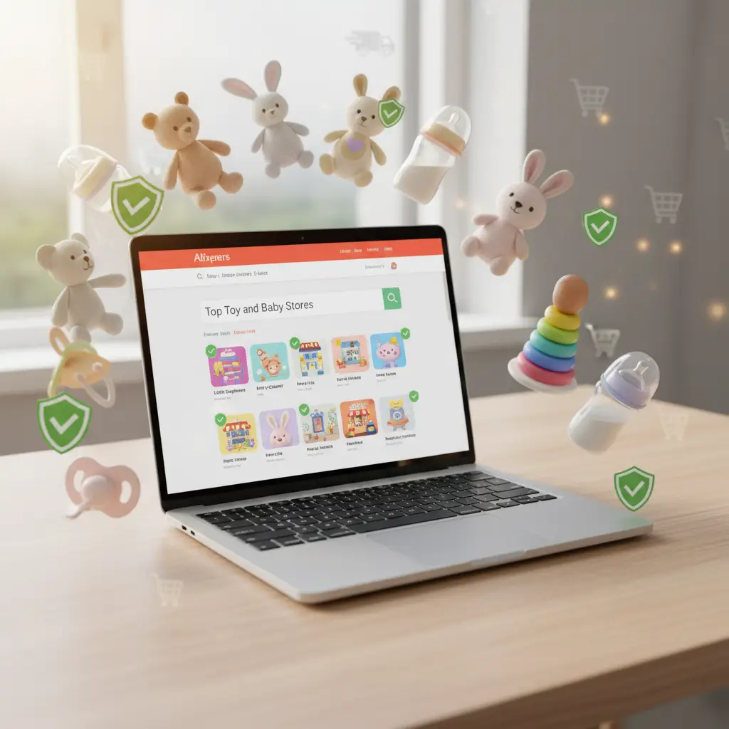 Ilustracija razigrane bebe okružene šarenim igračkama, s oznakama sigurnosti i pozitivnim ocjenama pored popularnih trgovina s AliExpressa.