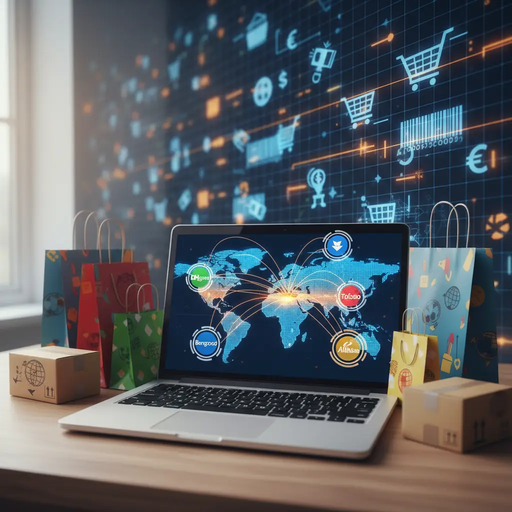 Ilustracija s prijenosnim računalom na kojem su prikazane popularne veleprodajne platforme kao alternative AliExpressu, okružene kutijama i simbolima dostave.
