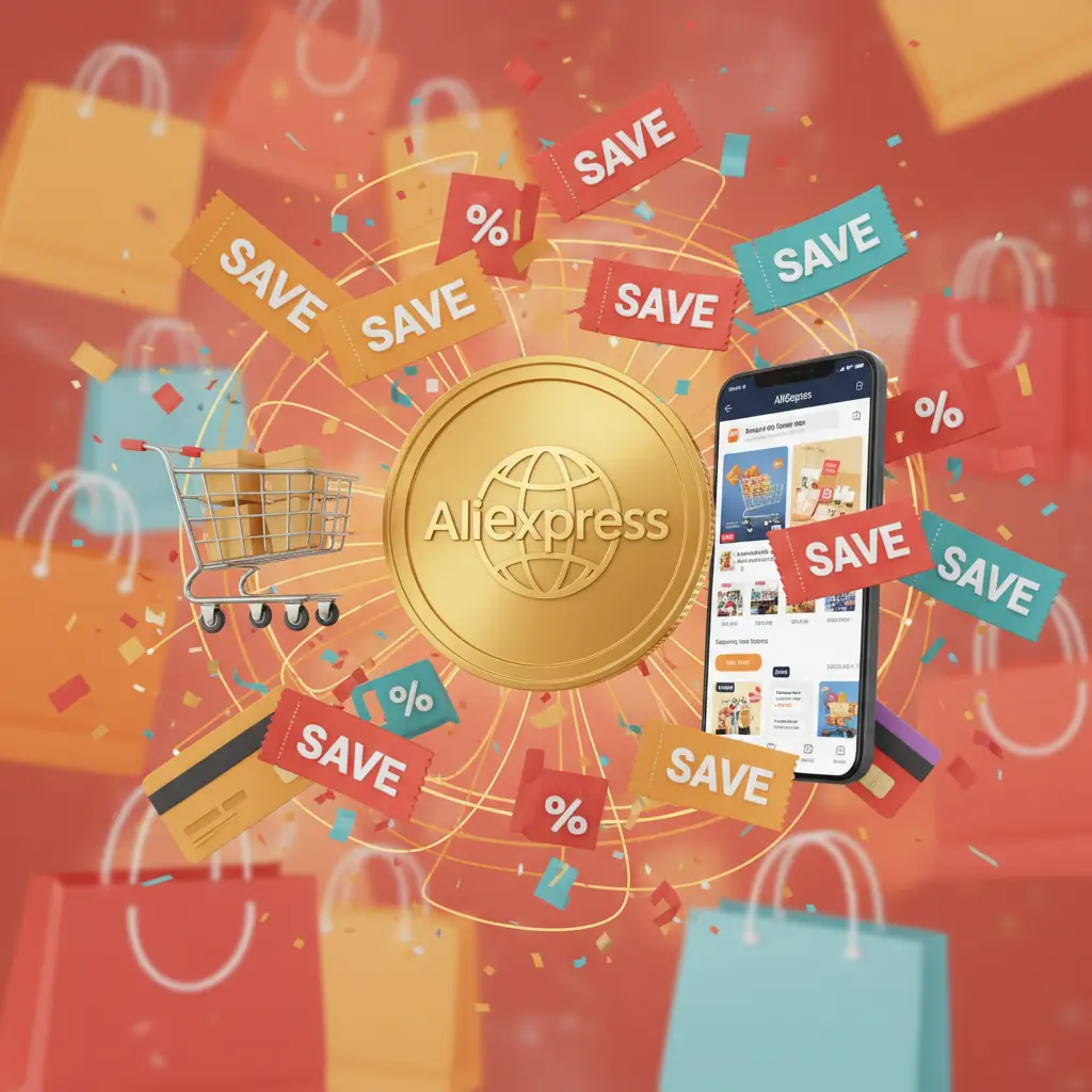 Ilustracija šarenih kovanica, kupona i popusta na ekranu pametnog telefona, simbolizira kako kupci koriste AliExpress Coins i popuste za povoljniju kupnju.