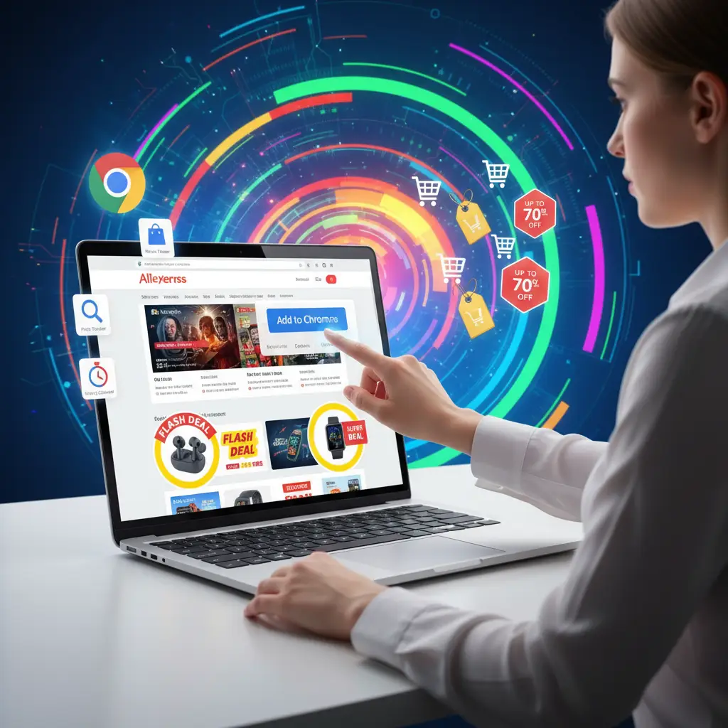 Ilustracija zaslona računala s prikazom AliExpress stranice, okružena ikonama popularnih Chrome ekstenzija za pametniju i sigurniju kupovinu.