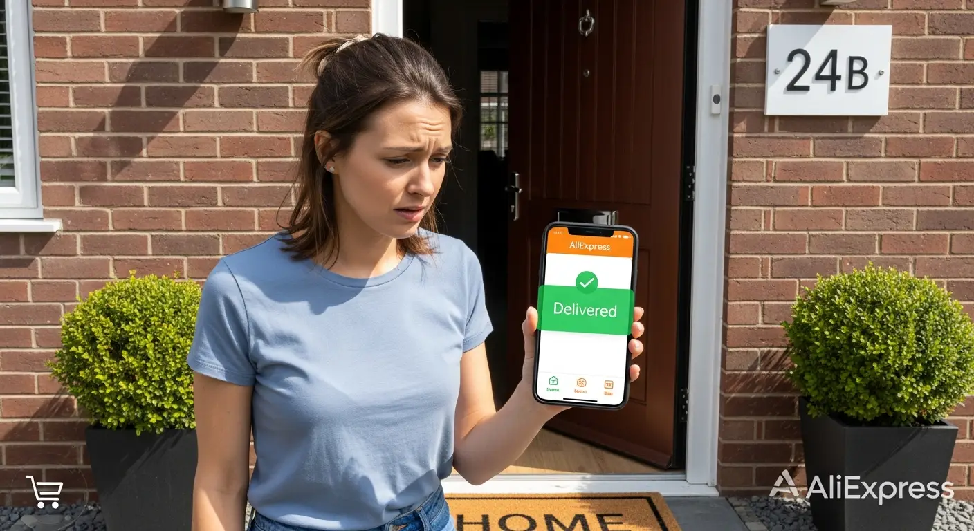 Ilustracija zbunjenog kupca koji gleda prazno kućište za pakete ispred svojih vrata, dok na mobitelu prikazuje poruku 