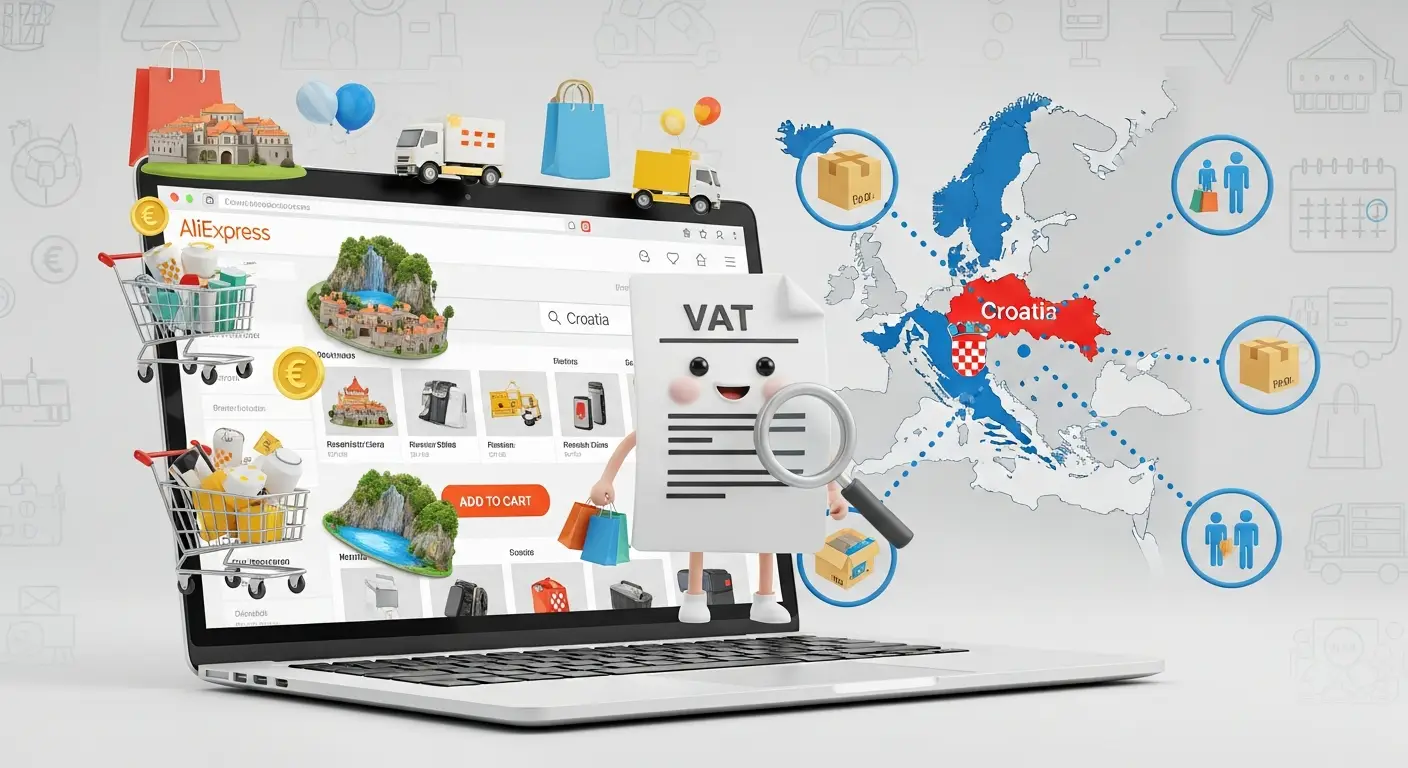Infografika prikazuje pravila obračuna PDV-a za narudžbe s AliExpressa u Hrvatsku, uključujući iznose PDV-a i proceduru carinjenja.