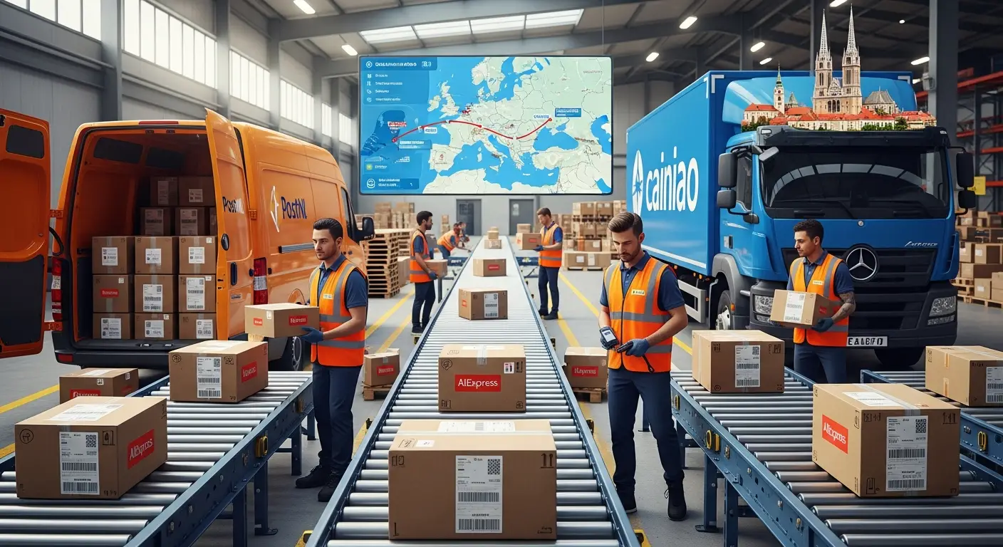 Karton s logotipima PostNL i Cainiao stoji na stolu, dok kurir dostavlja AliExpress paket korisniku u Hrvatskoj.