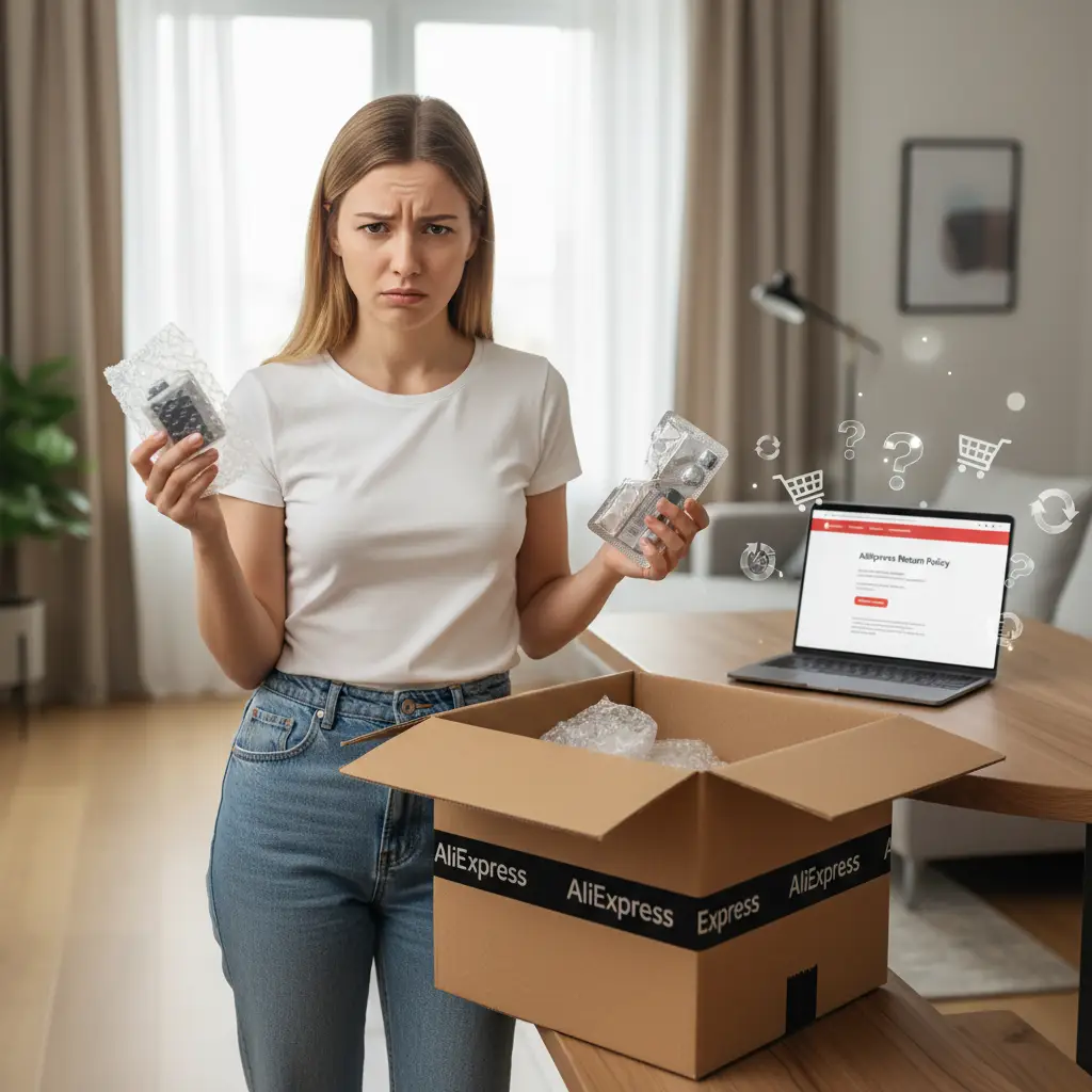 Karton s otvorenim paketom i artiklom iznutra, okružen papirima za povrat robe, na stolu uz laptop s prikazom stranice za povrat na AliExpressu.