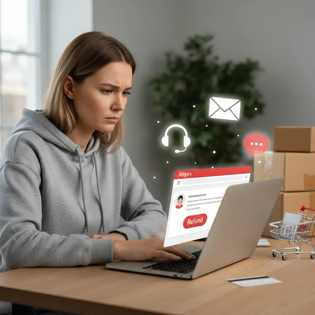 Korisnik drži pametni telefon s otvorenom AliExpress aplikacijom na ekranu, prikazujući gumb za kontaktiranje podrške zbog povrata novca.
(Ilustracija s prikazom korisnika koji traži pomoć za povrat na AliExpressu putem aplikacije.)