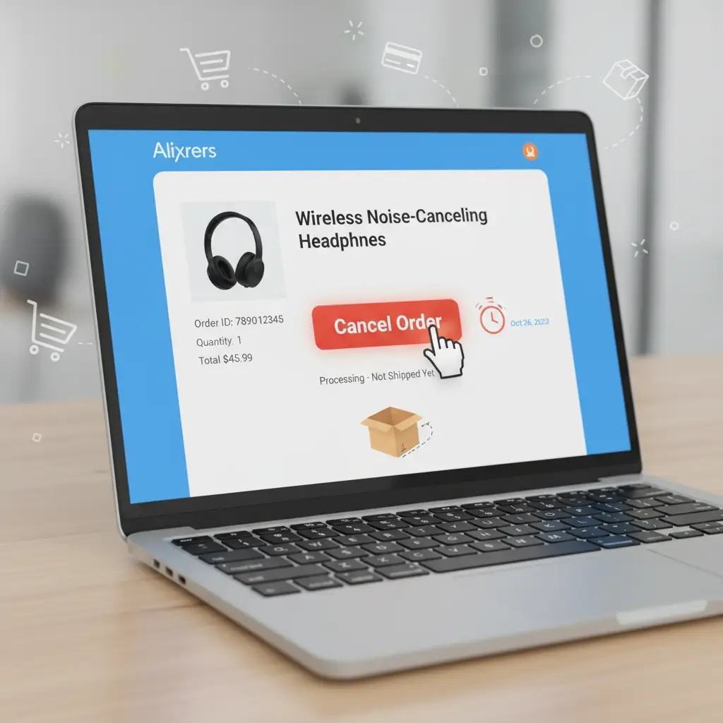 Korisnik na ekranu laptopa pregledava narudžbu na AliExpressu i klikće na gumb za otkazivanje narudžbe prije slanja.