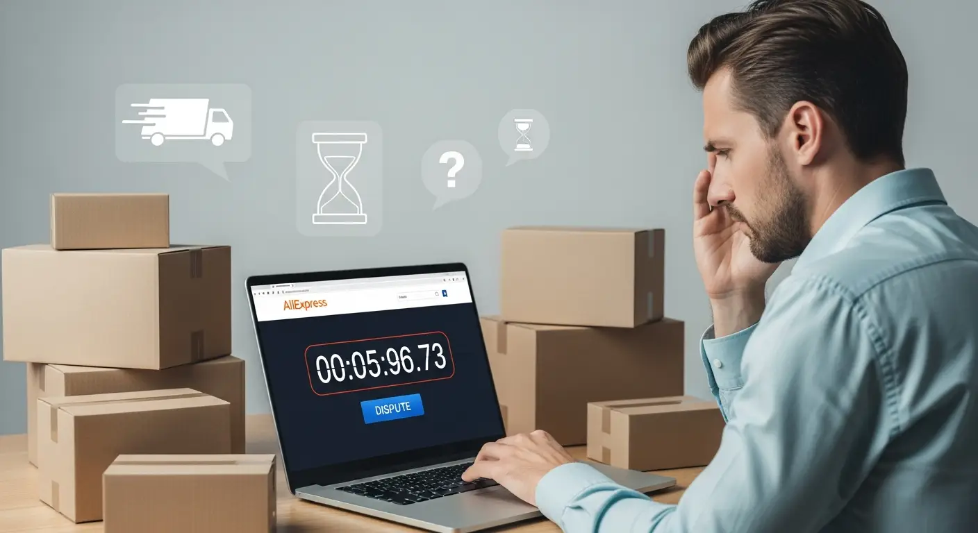 Korisnik na laptopu pregledava AliExpress narudžbe i klikće na opciju za prijavu problema s kašnjenjem ili nedostavljenom pošiljkom. Na ekranu su vidljive pojedinosti narudžbe i gumb 