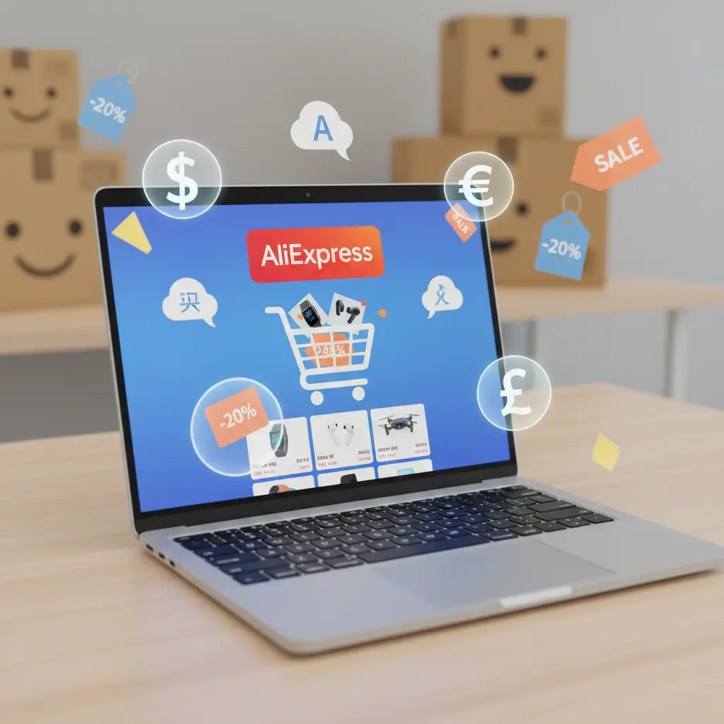 Korisnik pregledava postavke na AliExpress aplikaciji, birajući željenu valutu i jezik s padajućeg izbornika. Na ekranu su jasno prikazane opcije za različite jezike i valute.