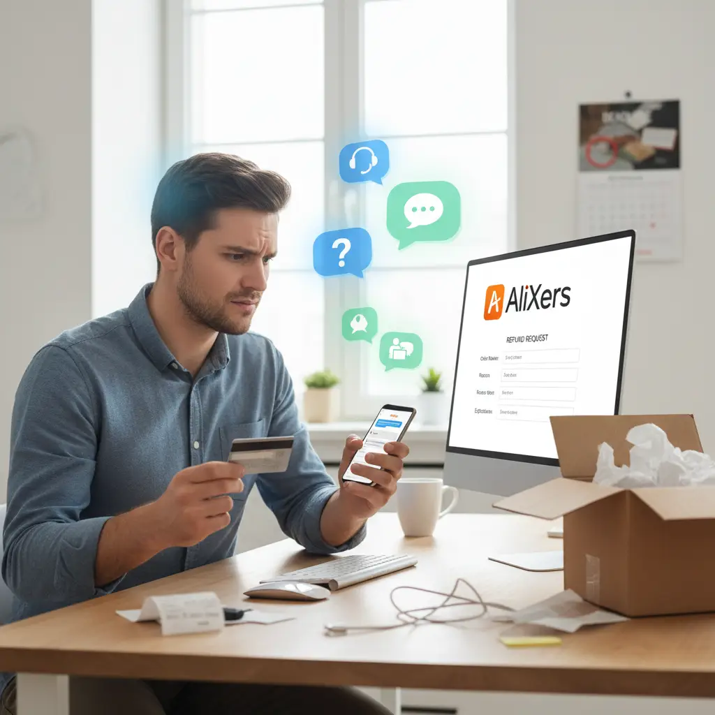 Korisnik pregledava stranicu za podršku na AliExpressu na laptopu, tražeći opciju za povrat novca uz šalicu kave na stolu.
Na ekranu se vidi prozor za chat s podrškom i ikona povratka novca.