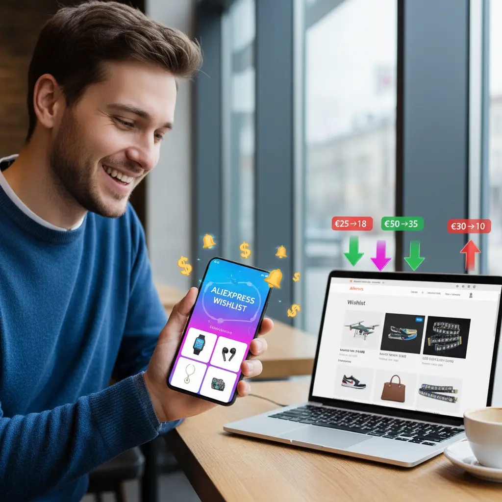 Korisnik pregledava svoju AliExpress listu želja na mobitelu, prateći pad cijena omiljenih proizvoda. Na ekranu su vidljive slike proizvoda i oznake snižene cijene.
