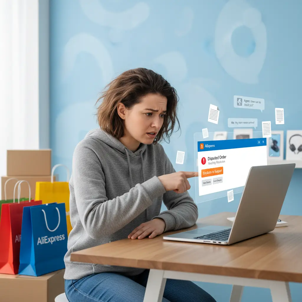 Korisnik sjedi za računalom i ispunjava obrazac za prijavu spora na AliExpressu, dok na ekranu prikazuje opcije za kontaktiranje podrške.